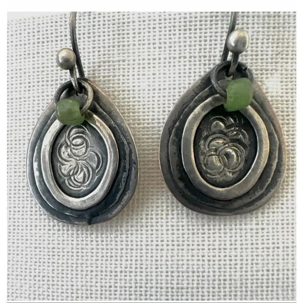 Sterling Silver Artisan Drop Earrings Green Stone Accent